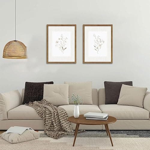 Neutral Wildflower Wall Art Set of 2, Vintage Flower Botanical Wall Decor Painting, Rustic Cottagecore Striped Floral Prints Pictures for Living Room Bedroom 12x16 Inch Framed thumbnail 5