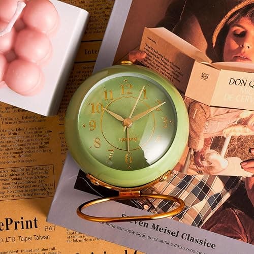 rjuwurv Metal Desk Clock, Retro Bedroom Table Vintage Analog Alarm Clock, Silent Non-Ticking Gold Clock, Bedside Décor(Olive-Green) thumbnail 2