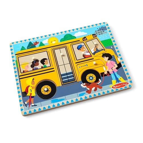 Melissa & Doug The Wheels on The Bus Song Puzzle – 8-Piece Wooden Peg Puzzle with Light-Activated Sounds, Music Learning Toy for Toddlers and Preschoolers Ages 2+ - Image 1