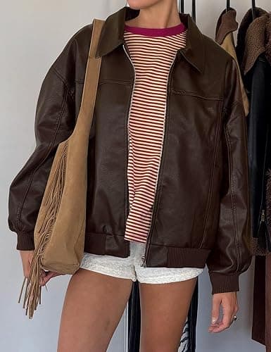 EsheSy Women's Oversized Leather Jacket Faux Suede Boyfriend Motorcycle Full Zip Bomber Jacket thumbnail 2