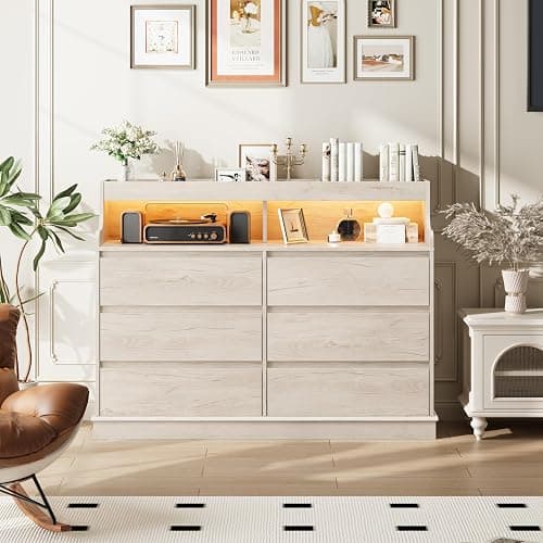 Garvee 6 Drawer Dresser, Desser for Bedroom with LED Lights and Charging Station, Wide Chest of Drawers with Open Space, Modern Large Capacity Storage Cabinet, Living Room, Hallway, Oak thumbnail 7