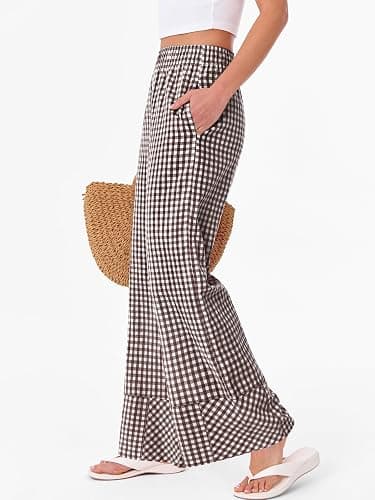 ANRABESS Womens Gingham Striped Wide Leg Palazzo Lounge Pants with Pockets | Checkered & Plaid PJ Pajama, Casual & Cute Boxer Bottoms, Elastic Waist Trousers with Pockets, Comfy Fall Outfits thumbnail 4