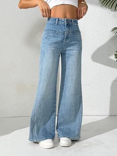 heipeiwa Women's Rhinestone Jeans Wide Leg Flare Denim Pants High Waist Sparkle Shiny Sequin Glitter Trouser thumbnail 4
