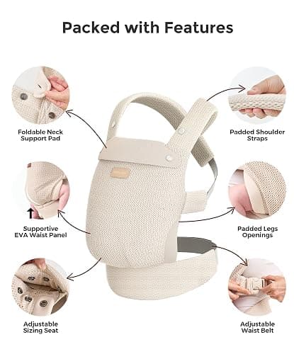 Momcozy PureHug Baby Carrier - Ergonomic, Cozy and Lightweight for 7-45 lbs | Easy to Put On, IHDI Hip-Healthy, 3D EVA Lumbar Support, X-Straps for Even Weight Distribution, Air Mesh Cooling, Almond thumbnail 6
