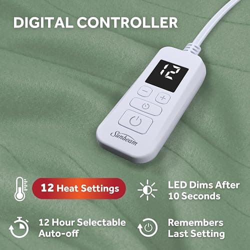 Sunbeam Royal Ultra Fleece Heated Electric Blanket Twin Size, 84" x 62", 12 Heat Settings, 12-Hour Selectable Auto Shut-Off, Fast Heating, Machine Washable, Warm and Cozy, Matcha thumbnail 4