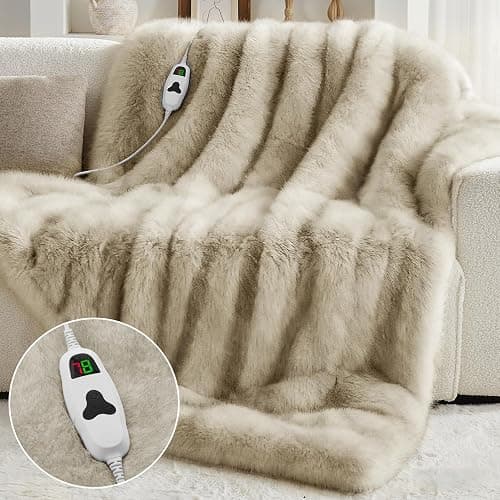 Heated Electric Blanket Twin, Octrot 60"X80" Faux Fur Heating Blanket Luxury Christmas Gifts Heavy Plush with 10 Heats Levels & 8 Hours Auto Off,Super Cozy Warm Fuzzy,Fluffy Decor Winter Warming,Beige thumbnail 3