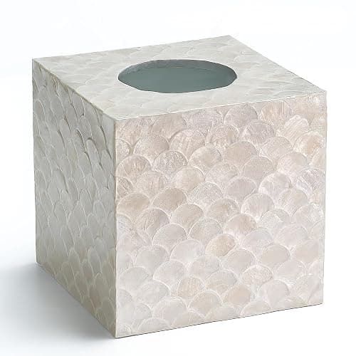 CHI AN HOME 5.8” Capiz Tissue Box Cover, Square Decorative Tissue Holder with Bottom Slider, Handmade Bathroom Accessories, Elegant White Cube for Vanity, Bedroom, Office & Coastal Décor (Natural) - Image 1