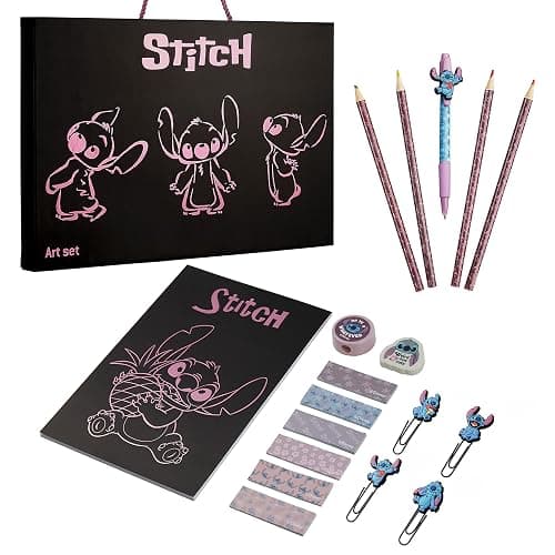 Disney Stitch Stationery Supplies Set Notebook Pencil Case & Ballpoint Pens or Notepad Colouring Pencils & Accessories for School Office (Black) - Black - Image 1