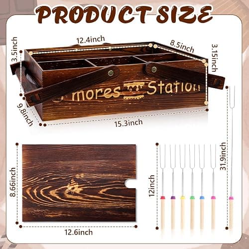 Portable Smores Kit 4 In 1 Smores Caddy Organizer with Handle 6 Pcs 32 Inch Marshmallow Roasting Sticks Dark Brown Smores Basket Tray with Handles Wooden Smores Maker Box with Lid for Camping Outdoor thumbnail 3