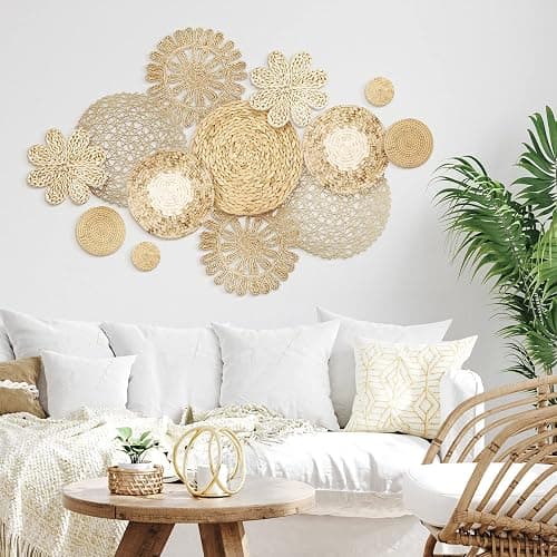 Glenmal Set of 13 Boho Wall Basket Decor Woven Rattan Flat Baskets Handmade Boho Wicker Bamboo Seagrass Wall Hanging Decor for Bedroom Living Room Dining Room Office Ready to Hang(Plain) thumbnail 2