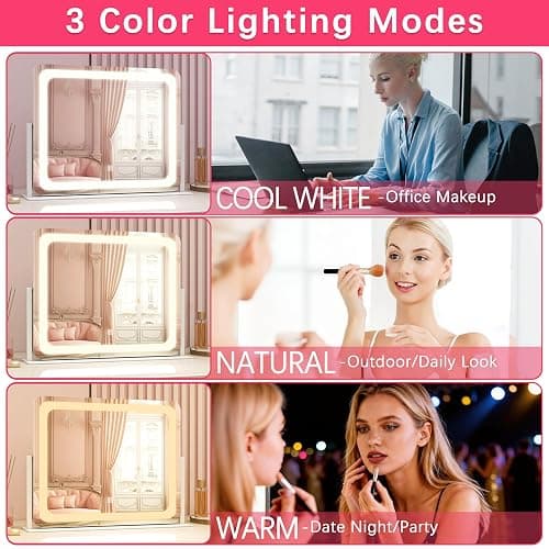 ROLOVE 22x17 Inch Lighted Vanity Mirror with Dimmable LED Lights - 3 Color Modes, Smart Touch Control & 360° Rotating Base - Desk Makeup Mirror (White) thumbnail 3