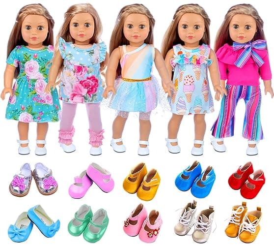 ZITA ELEMENT 11 Pcs American Doll Clothes Dress and Accessories - 5 Sets Doll Outfits + 2 Pairs Shoes - Image 1