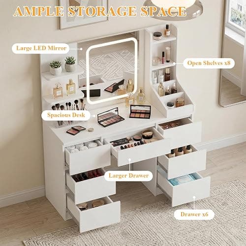 TRIUMPHKEY Dressing Table, Vanity Desk with LED Mirror,White | Vanity Table with 7 Drawers, 4 Shelves and 3 Open Compartments for Bedroom, 108x40x139cm thumbnail 5