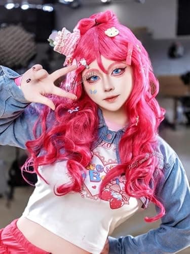 Half and Half Red Pink Pony Cosplay Wig with Bangs 27.5'' Long Curly Cute Pony Costume Wigs Rose Red Ponytail Wig for Women Halloween Party Daily thumbnail 3