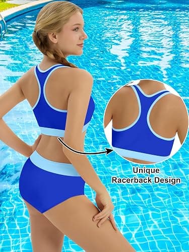 Girls Swimsuit Color-Block High Waist Sporty Sets Girls Two Piece Bathing Suit with Chest Pad Swimwear 7-16T thumbnail 4