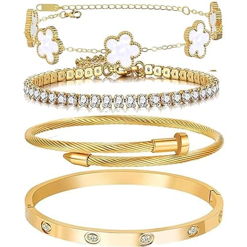 Lamdo 18K Gold Plated Womens Stackable Floral Gold Clover Bracelets Set Love Bangle Bracelets Non Tarnish, Gold Bracelet Set Trendy Jewelry,Gifts for Women's Day and Mother's Day - Gold - One Size thumbnail 2