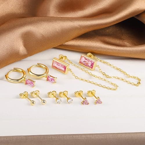 BOUTIQUELOVIN 14K Gold Stud Earrings Set for Women, for Multiple Piercing 925 Silver Plated Studs Earrings and Zirconia Earring Set Small Huggie Hoop Chain Earing thumbnail 4