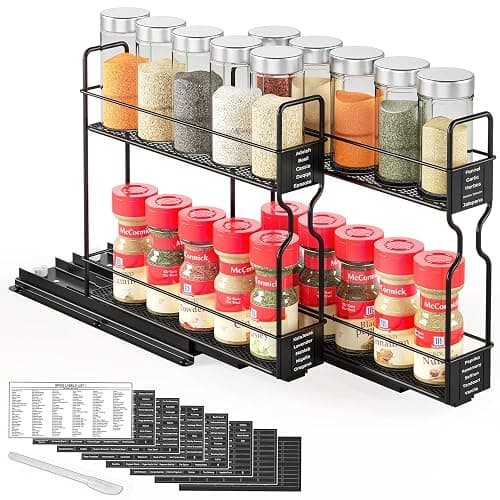 SpaceAid Pull Out Spice Rack Organizer for Cabinet, Heavy Duty Slide Out Seasoning Kitchen Organizer, Cabinet Organizer, with Labels, 5.2" W x10.75 D x10 H, 2 Drawers 2-Tier - Image 1
