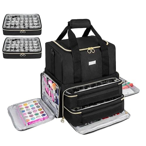 Nail Polish Organizer Holds 80 Bottles and a Nail Lamp,Nail Polish Carrying Case with 2 Removable Bags,Nail Organizers and Storage for Nail Tech,Portable Nail Polish Holder for Nail Supplies,Black - Image 1