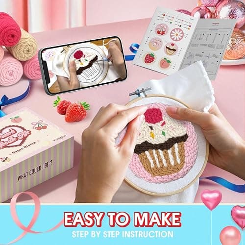 yuegool 6PCS Punch Needle Coaster Kit, Easy DIY Embroidery Set for Beginners & Adults with Patterns, Tools, Yarns, Hoop, Instructions & Coaster Holder thumbnail 4