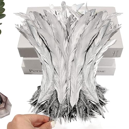 THARAHT 50PCS Rooster Coque Tail Feathers Bulk Natural 12-14Inch 30-35cm for Crafting Wedding Gras Masquerade Party Performances DIY Decoration Rooster Tail Feather,Silver thumbnail 5