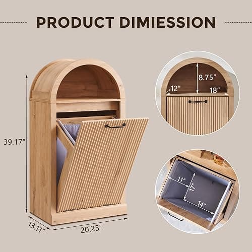 IFGET Arched Tilt-Out Trash Can Cabinet, Fluted 10 Gallon Trash Can with Open Shelf, Modern Laundry Hamper Cabinet, Hidden Garbage Can with Storage Basket for Kitchen, Living Room, Narural thumbnail 2