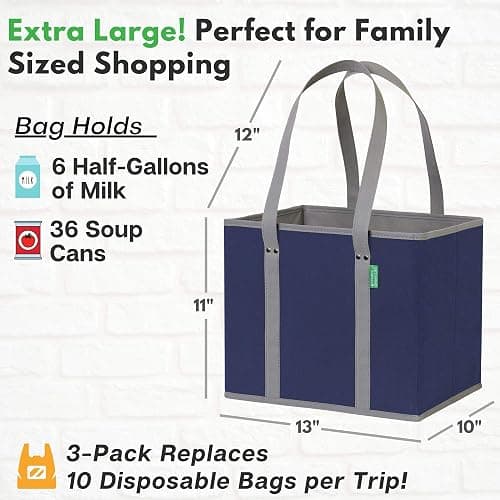 Reusable Grocery Bags (3 Pack) – Heavy Duty Reusable Shopping Bags with Box Shape to Stand Up, Stay Open, Fold Flat – Large Tote Bags are Foldable with Long Handles & Hard Bottom (Navy Blue) thumbnail 2