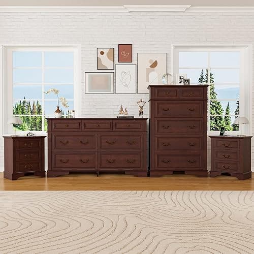 ENOUSHU Farmhouse Dresser and Nightstand Sets, 6-Drawer with 7 Drawer Dresser & 3 Drawer Nightstand Sets, 4 Pieces Rustic Wood Bedroom Furniture Set for Home, Bedroom, Hallway(Dark Brown) - Image 1