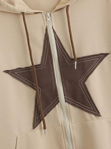 SweatyRocks Women's Star Print Zip Up Oversize Long Sleeve Casual Pocket Drawstring Hoodie - Small - Khaki thumbnail 3