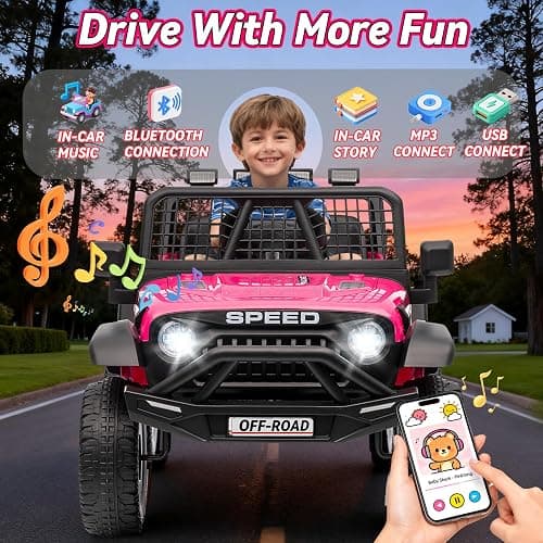 Blissride 24V Jeep Power Wheels w/Remote Control, 4WD Ride on Truck Car, 3 Speed, Bluetooth Music, Wide Seat, Spring Suspension, LED Light, Birthday for Boys Girls Toddler (Black+Pink) thumbnail 4