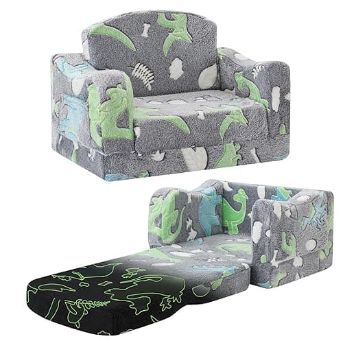 Thick Comfy Toddler Chair and Couch for Kids,2-in-1 Soft Plush Fold Out Sofa for Children,Convertible Couch to Lounger for Toddler - Gray dinosaur