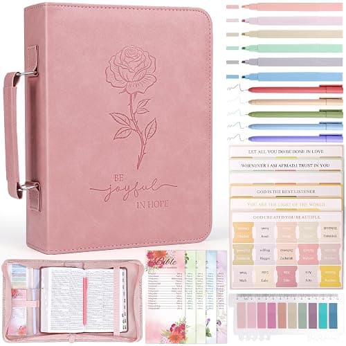 XKDOUS 24 Pcs Bible Covers Kit, Bible Carrying Case Large Church Bag w/Bible Study Supplies, Tabs, Pens, Bookmarks, Leather Book Holder Case Christian Gifts for Mom Women Lady - Image 1