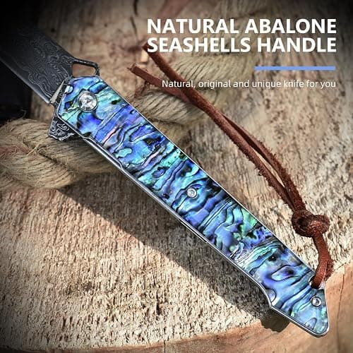 DRACHENADER Damascus Pocket Knife, 8.97" Tanto Folding Knife Handmade Forged VG10 Core 67-Layer Damascus Steel with Abalone Seashell Handle, Leather Sheath thumbnail 4