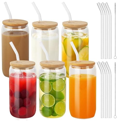 BUCOMTU 6 Pièces Verres à Boire avec Couvercles en Bambou et Paille en Verre,Verre Canette 500 ml, avec Couvercle et Paille,Pour Ice Coffee, Cocktail, Smoothie - Image 1