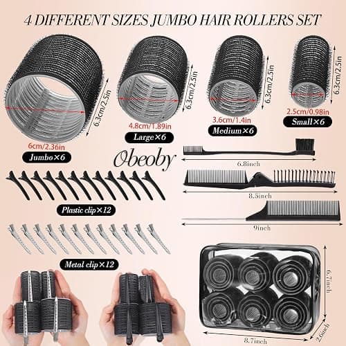 Obeoby 4 Sizes Hair Rollers for Women, Hair Curlers with Clips Comb Curlers for Long Short Curly Hair and Bangs (25, 36, 48, 60mm), Black thumbnail 2
