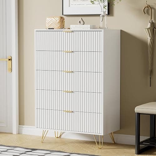 Furniway White Dresser for Bedroom, Fluted Modern Dresser with Gold Pulls and 5 Drawers, 15.7" D x 31.5" W x 47.2" H thumbnail 7