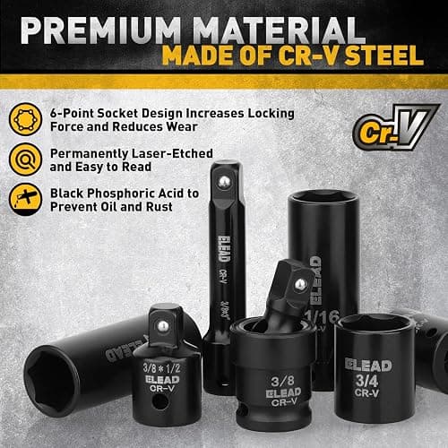 ELEAD 3/8" Drive Impact Socket Set, 96-Piece Deep & Shallow Socket Set Metric and Standard Full with Adapters, Ratchet Handle, Universal Joint, Extension Bar, Screwdriver Bit Sets, Spark Plug Sockets thumbnail 4