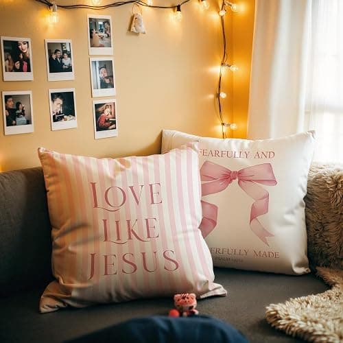 GTYNU Coquette Pink Bow Christian Throw Pillow Covers 18x18 Set of 2,Pink Bow Christian Room Bedroom Dorm Decor Aesthetic for College Teen Girls Gifts, Inspirational Bible Verses Bow Pillowcase（03） thumbnail 2