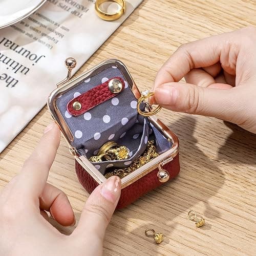 Genuine Leather Mini Jewelry Box, Portable Vintage-Inspired Genuine Leather Coin Purse Jewelry Case with Kiss Lock, Mini Travel Ring Box for Women for Earring/Ring/Necklace/Bracelet(Red) thumbnail 2