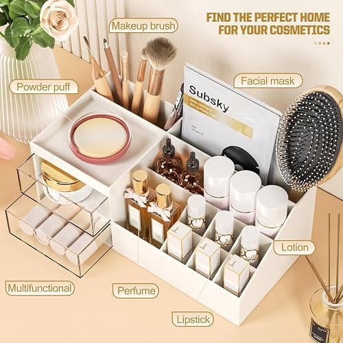 Subsky Make up Organizer mit Schubladen, Multifunktion Schminktisch Organizer Einfache Aufbewahrung für Make-Up Pinsel Wattepads, Schreibtisch Organizer für Dresser Skincare Weiß thumbnail 4