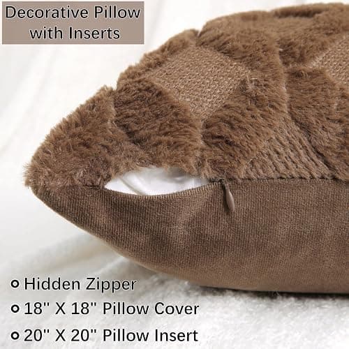 WHATWEARS 18" x 18" Decorative Throw Pillow with Inserts, Set of 2 Soft Faux Fur Throw Pillows, Square Boho Pillow for Couch, Bed, Sofa Decor, Coffee thumbnail 4