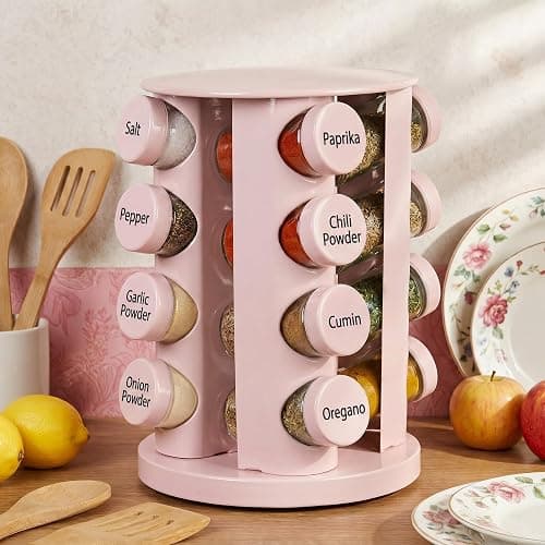 Yungyan Pink Rotating Spice Rack Seasoning Organizer with 16 Empty Jars, Spice Containers Set with Labels and Funnel, Revolving Seasoning Rack for Kitchen Accessories (Stainless Steel,Glass) thumbnail 3
