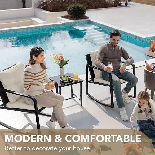 Devoko 3 Piece Rocking Bistro Set Wicker Patio Outdoor Furniture Porch Chairs Conversation Sets with Glass Coffee Table (Beige) thumbnail 7