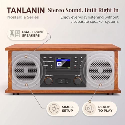 10 in 1 Bluetooth Record Player All-in-One Multimedia Center | Stereo Speakers, CD Player, Internet Radio, 3-Speed Turntable, Clock, Alarm, USB Recording, RCA Out, LCD Display, Red Wood thumbnail 13
