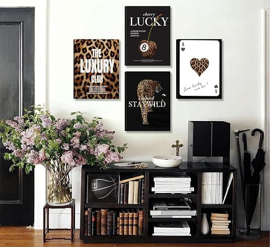 KBIERQN 4pcs Trendy Leopard Prints Canvas Wall Art Lucky 8 Ball Poster Preppy Room Stay Wild Cheetah Pictures Luxury Club Poster for Girls Bedroom Apartment Dorm Wall Decor 12x16In Framed thumbnail 3