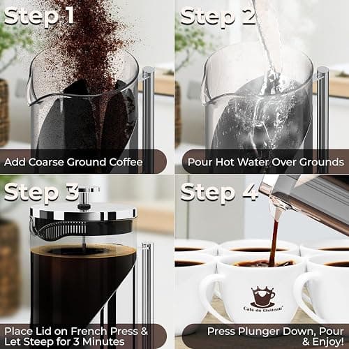 Cafe Du Chateau Stainless Steel French Press Coffee Maker 34 oz - Easy to Use Insulated Coffee Press with 4-Level Filtration, Manual Brewer for Tea, Camping & Travel with BPA Free, Durable Clear Glass thumbnail 5