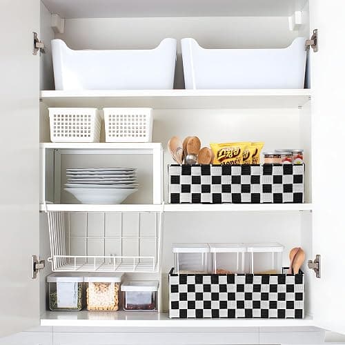 BinWhiz 2-Pack Checker Pattern Woven Bins, 16” Ribbon Metal Wire Desk Organizer, Drawer Dresser Baskets, Countertop Toilet Paper Storage Containers (Black & White) thumbnail 8