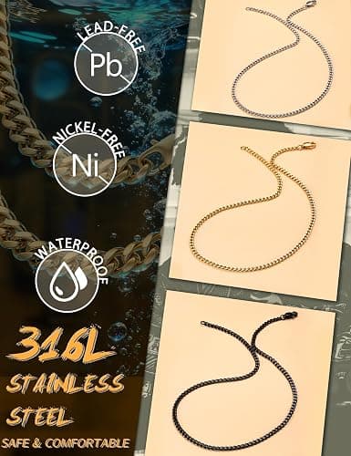 Jstyle Cuban Link Chain for Men Women 316L Stainless Steel Chain Necklace 3.5mm Non Tarnish Necklaces Black Silver Gold Tone Chains 16/18/20/22/24/26/28/30 Inch thumbnail 2