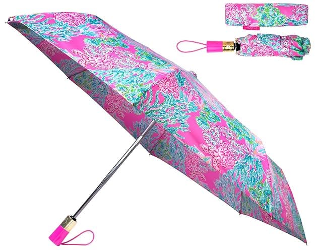 Lilly Pulitzer Travel Umbrella Compact, Cute Umbrella with Automatic Open and Storage Sleeve, Folding Umbrella for Rain or Sun Protection - Image 1