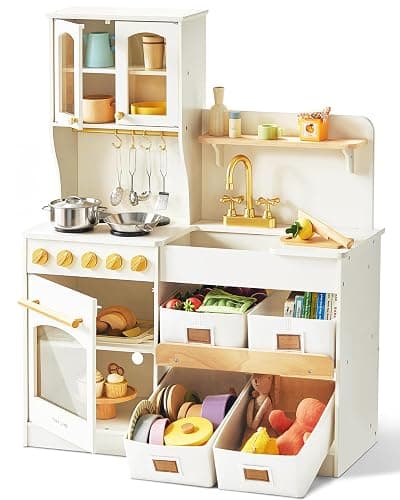 Tiny Land Play Kitchen for Kids with Enhanced Storage – Modern Toddler Kitchen Playset with Stove, Sink & Accessories, Organized Wooden Toy Kitchen for Toddlers - Image 1